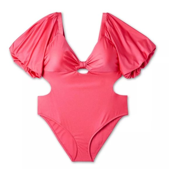 NWT Fe Noel Metallic Puff Sleeve Cut Out Medium Coverage One Piece Swimsuit - Picture 4 of 5